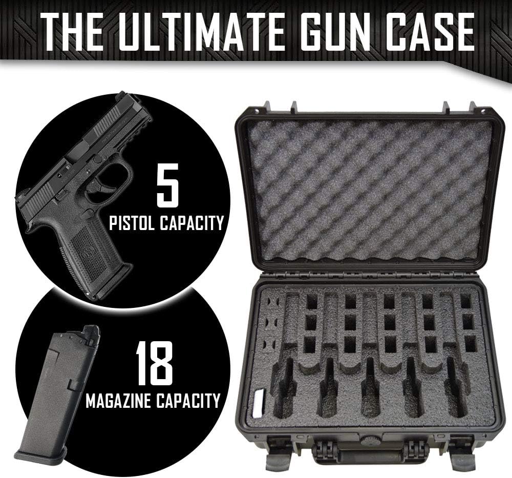 5 Pistol 18 Magazine Doro Gun Case with Custom MyCaseBuilder Foam Insert - Waterproof, Heavy Duty - Tactical Firearms and Ammunition Holder, 18 x 14 x 7 Inches
