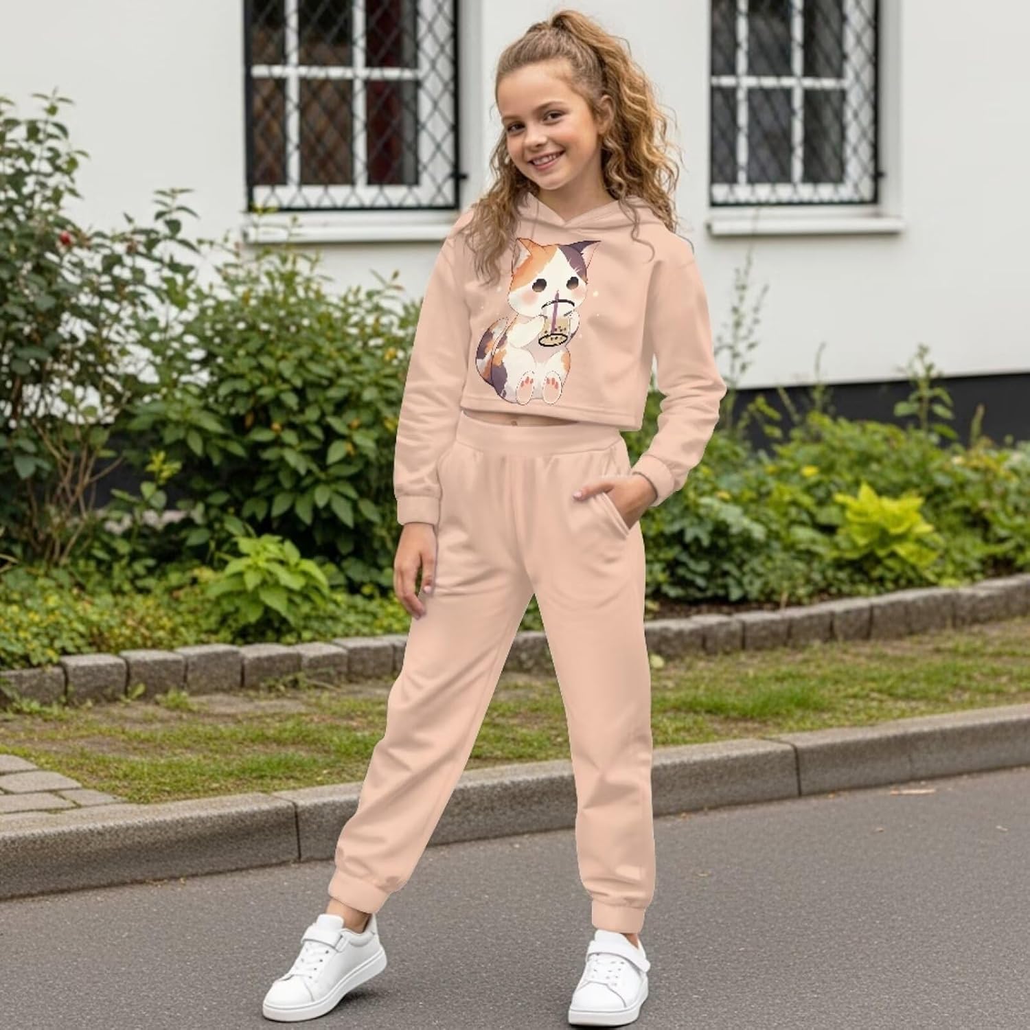 Tracksuit for Girls 2 Pcs Outfits Hooded Short Sweatshirt & Sweatpants Long Sleeve Tops Sports Sweatsuit for 4-13