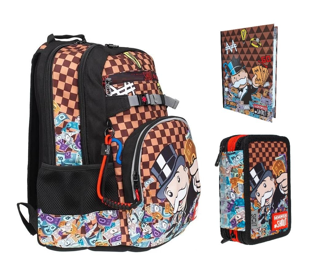 PRESTIGE & DELUXE Schulrucksack kompatibel mit Shout Monopoly mit Trinkflasche und Clip-On gratis + Federmäppchen 3 Ebenen komplett mit Schreibwaren + Tagebuch 2026/2027 + Stiftset und