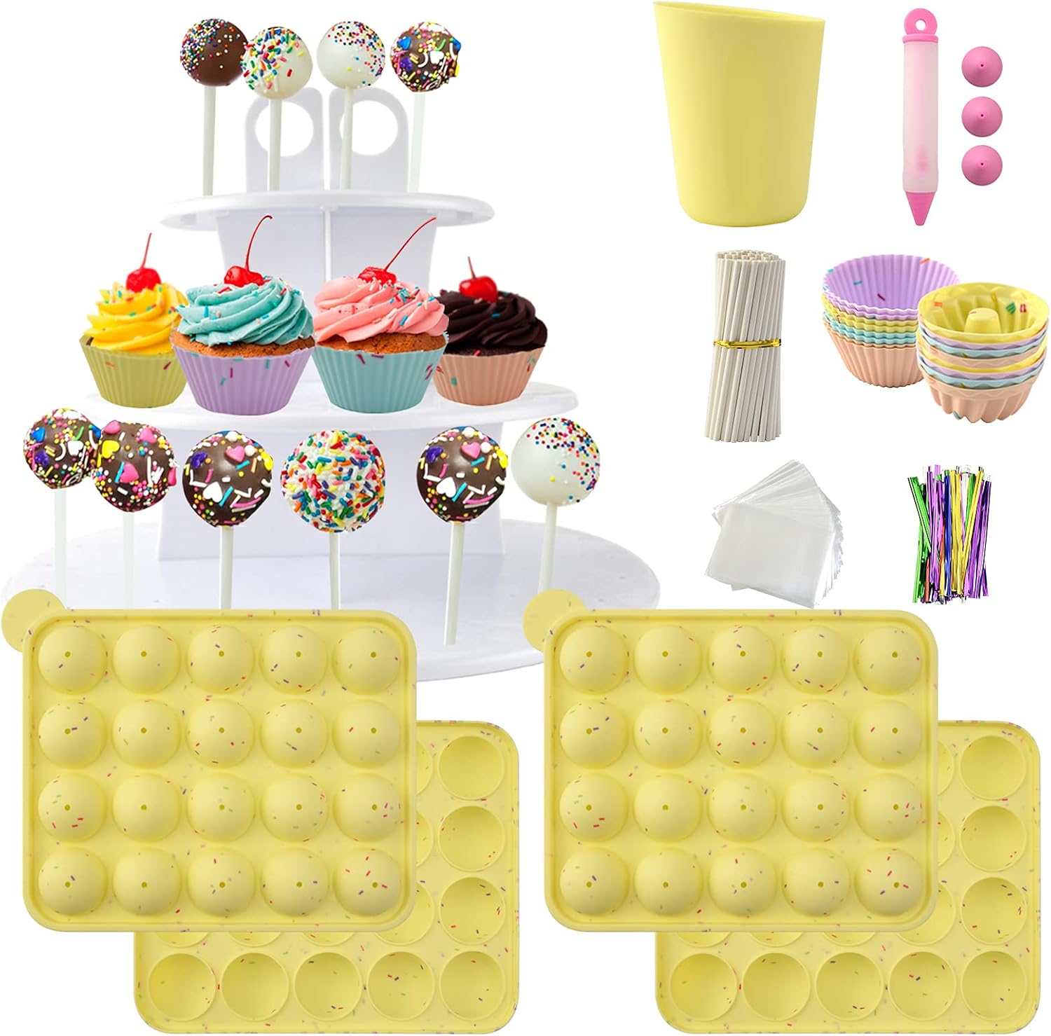 ULEE Cake Pop Maker Set Including Silicone Lollipop Molds, 3 Tier Display Stand, Silicone Cupcake Molds, Chocolate Candy Melting Pot, Lollipop Sticks, Decorating Pen, Bags and Twist Ties (Yellow)