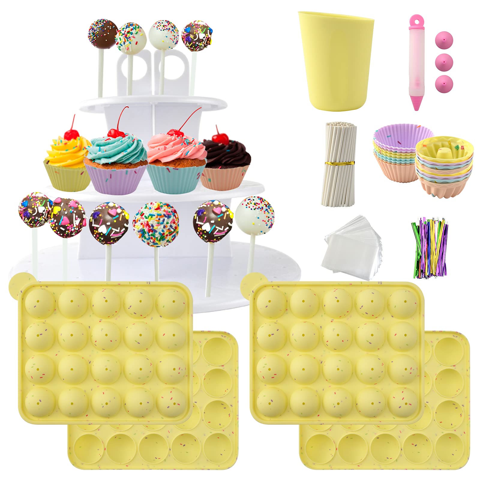 Cake Pop Maker Set Including Silicone Lollipop Molds, 3 Tier Display Stand, Silicone Cupcake Molds, Chocolate Candy Melting Pot, Lollipop Sticks, Decorating Pen, Bags and Twist Ties (Yellow)