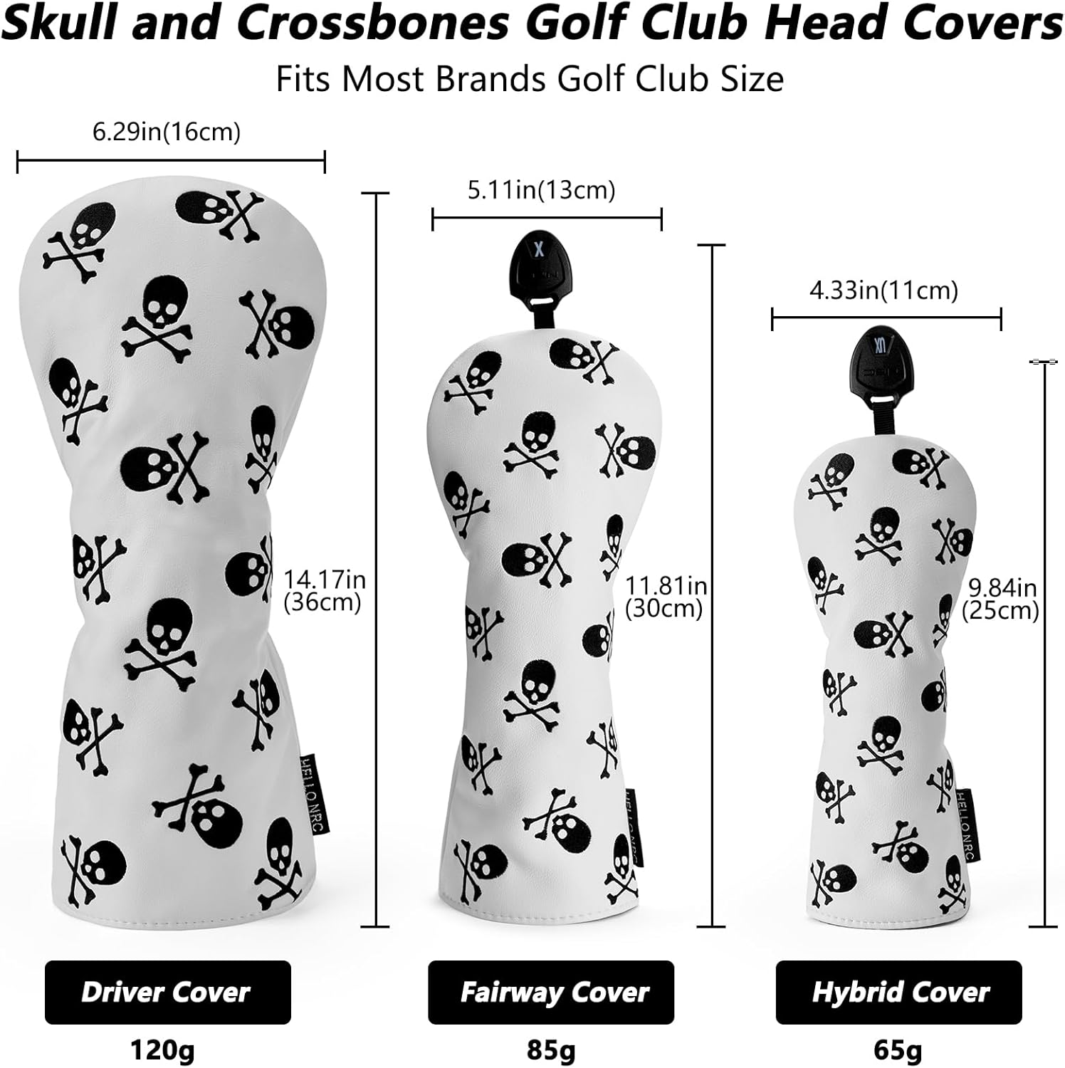 3PCS Skeleton Golf Club Skull and Crossbones Driver, Fairway Wood and Hybrid Head Covers Set PU Leather Headcovers for Women and Men