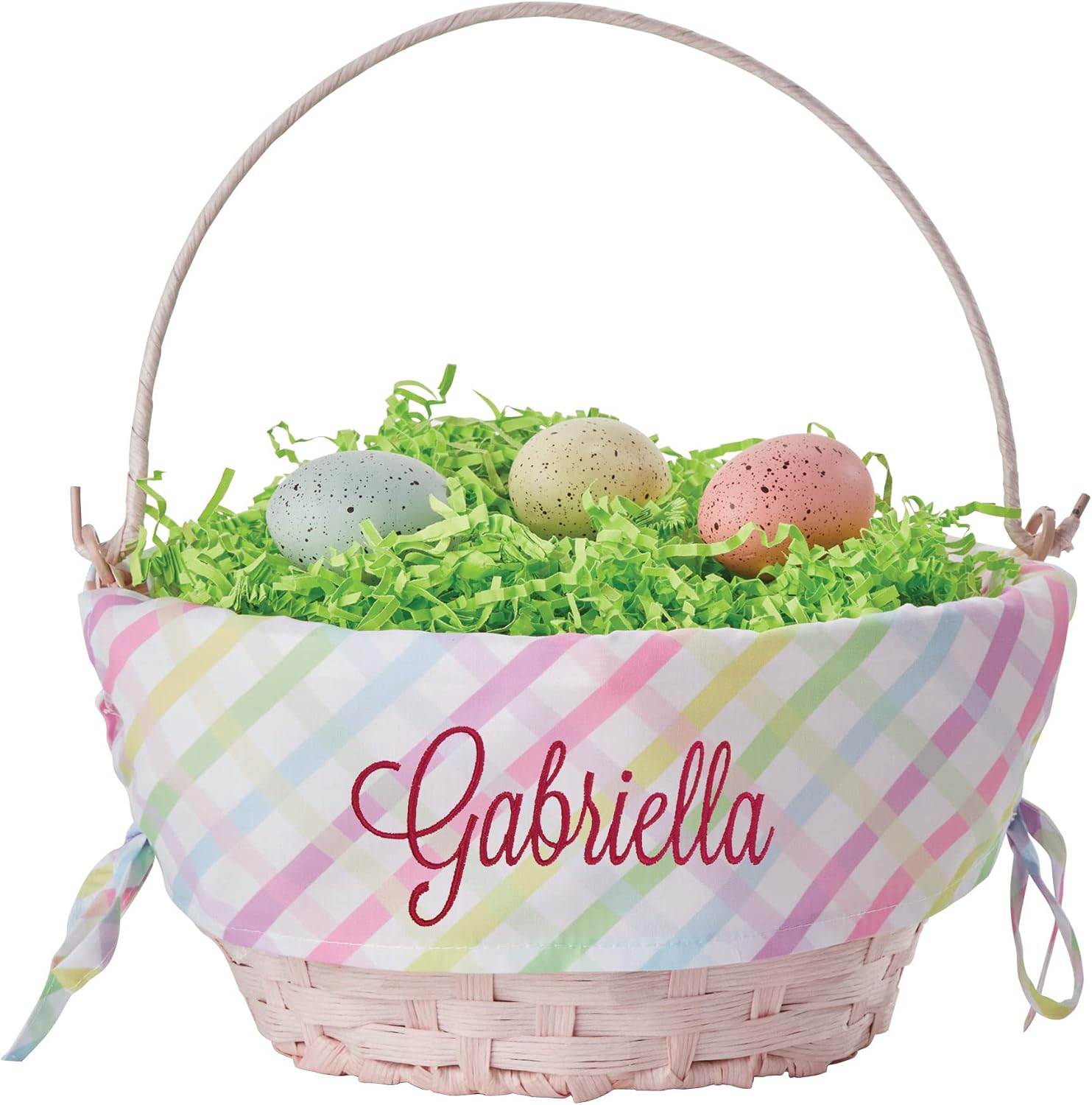 Personalized Easter Egg Basket with Handle and Custom Name in Pink Script | Multicolor Gingham Easter Basket Liners | Pink Basket | Woven Easter Baskets for Kids and Adults | Customized Easter Basket