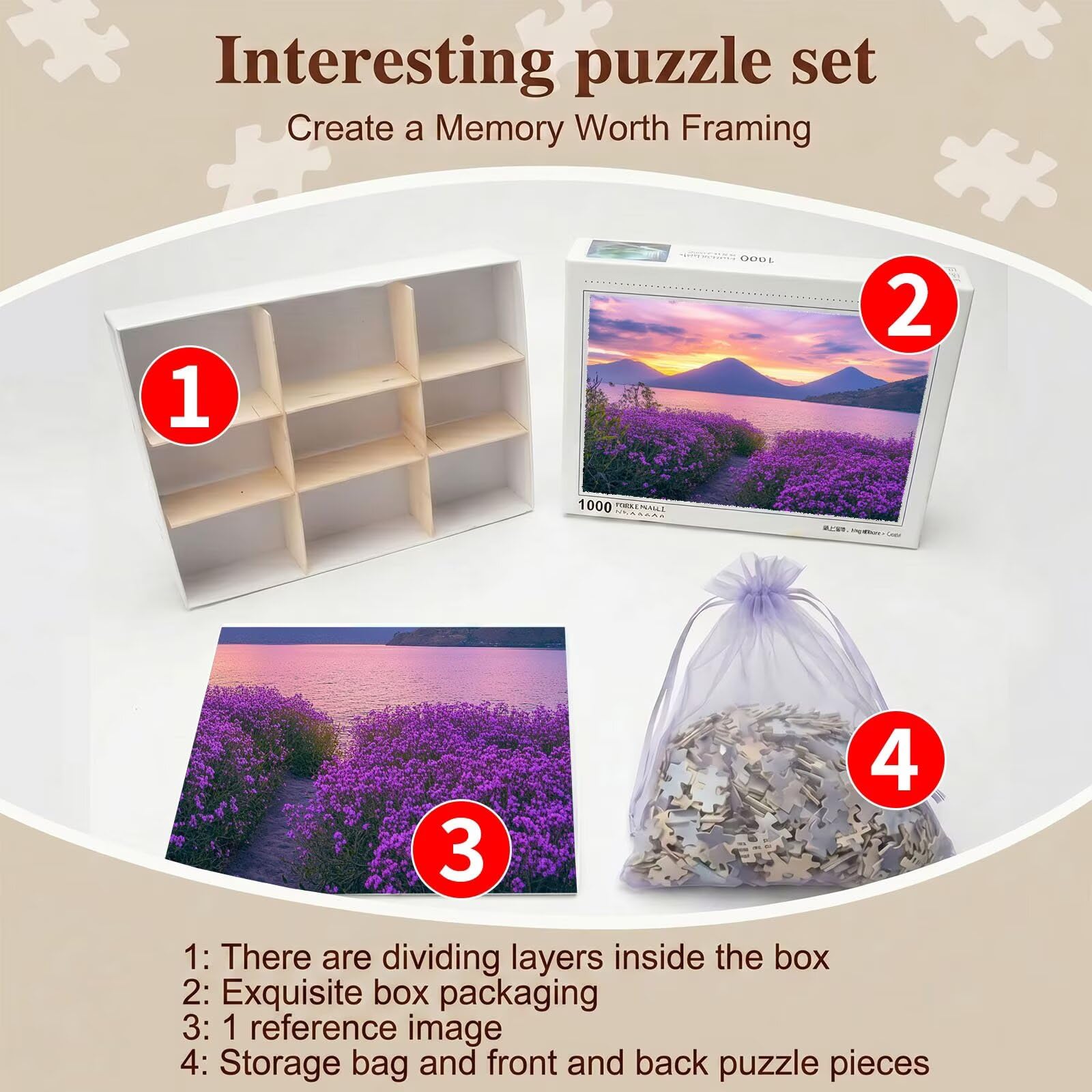 Puzzle 1000 Pezzi Classici, Puzzle paesaggio Fiore viola 75 x 50 cm, Gioco Educativo e Antistress in Legno con Poster Incluso, Ttività DIY per Famiglia, Regalo per Appassionati, Decor Parete, f0-532