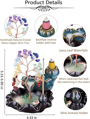 Miniatura 6 de Top Plaza Quemador de incienso de reflujo, quemador de incienso de cascada de cerámica, soporte de incienso de árbol de dinero con piedras preciosas