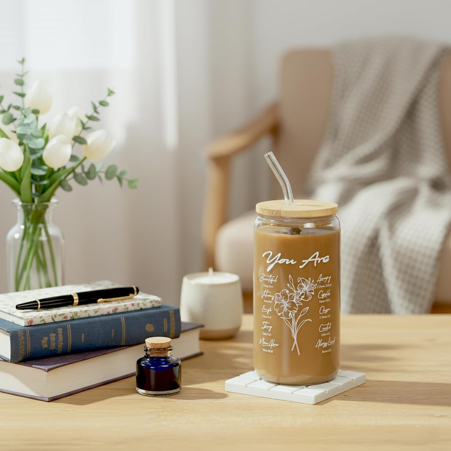 Christian Gifts For Women, Bible Verse Glass Cup with Lid & Straw 16oz Coffee Mugs Tumbler for Birthday Thanksgiving Christmas Gift for Mom Wife Sister Friends Teen Girls - Image 2