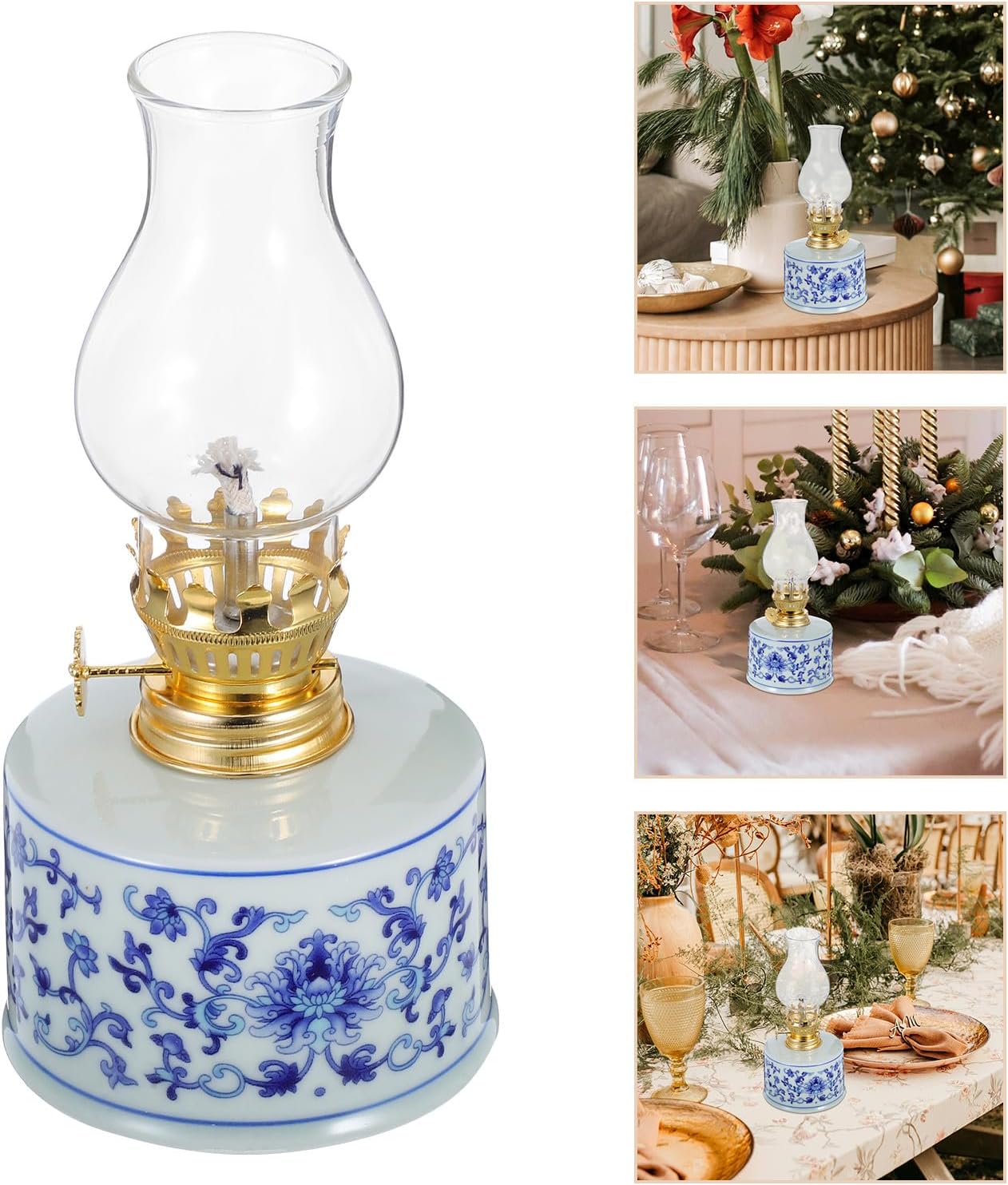 Vintage Ceramic Kerosene Oil Lamp with Blue and White Floral Pattern, Classic Chamber Hurricane Lantern for Indoor Home Decor and Emergency Lighting