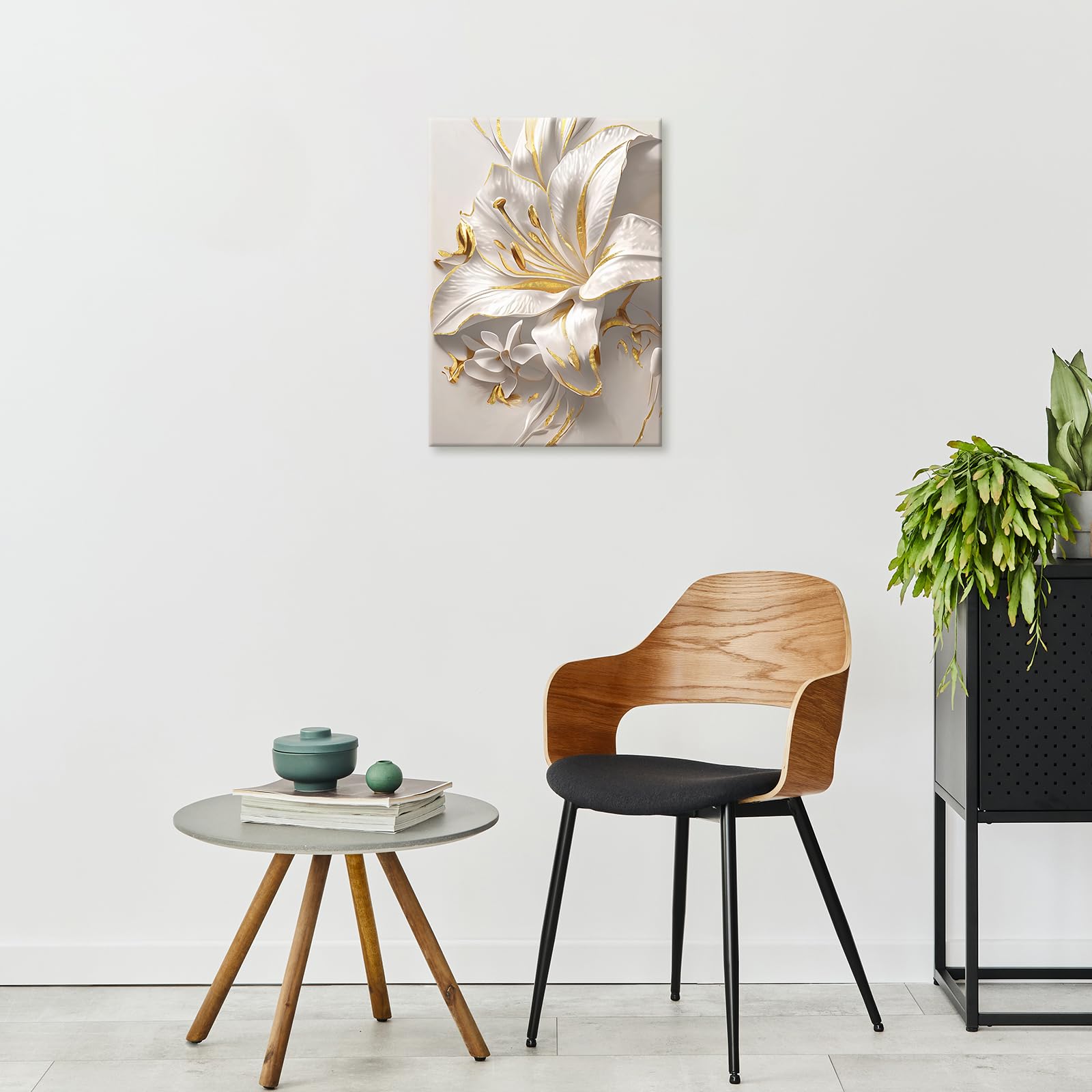 WENGTIAO White Gold Lilies Flowers Canvas Wall Art Prints Framed Pictures Minimalist Beige Floral Painting on Canvas Living Room Bedroom Home Wall Decor 30x40cm - Image 4