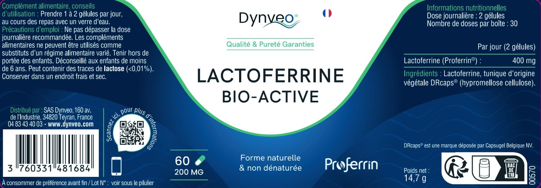 Lactoferrine Bio-active - Absorption du Fer & Immunité - Proferrin® 95% pure - Structure non dénaturée - Issue de lait vache français - 200 mg / 60 Gélules (2 Gélules/Jour = 1 mois) - Dynveo