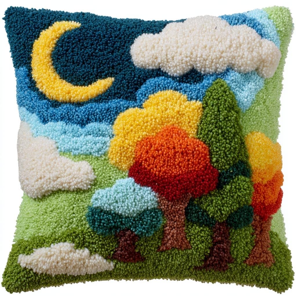 WallustrioaW Latch Hook Pillowcase Cushion Kits,Natural Forest Landscape,Latch Hook kit Cushion Throw Pillow Embroidery Craft for Beginner Hobby & Craft,17x17in