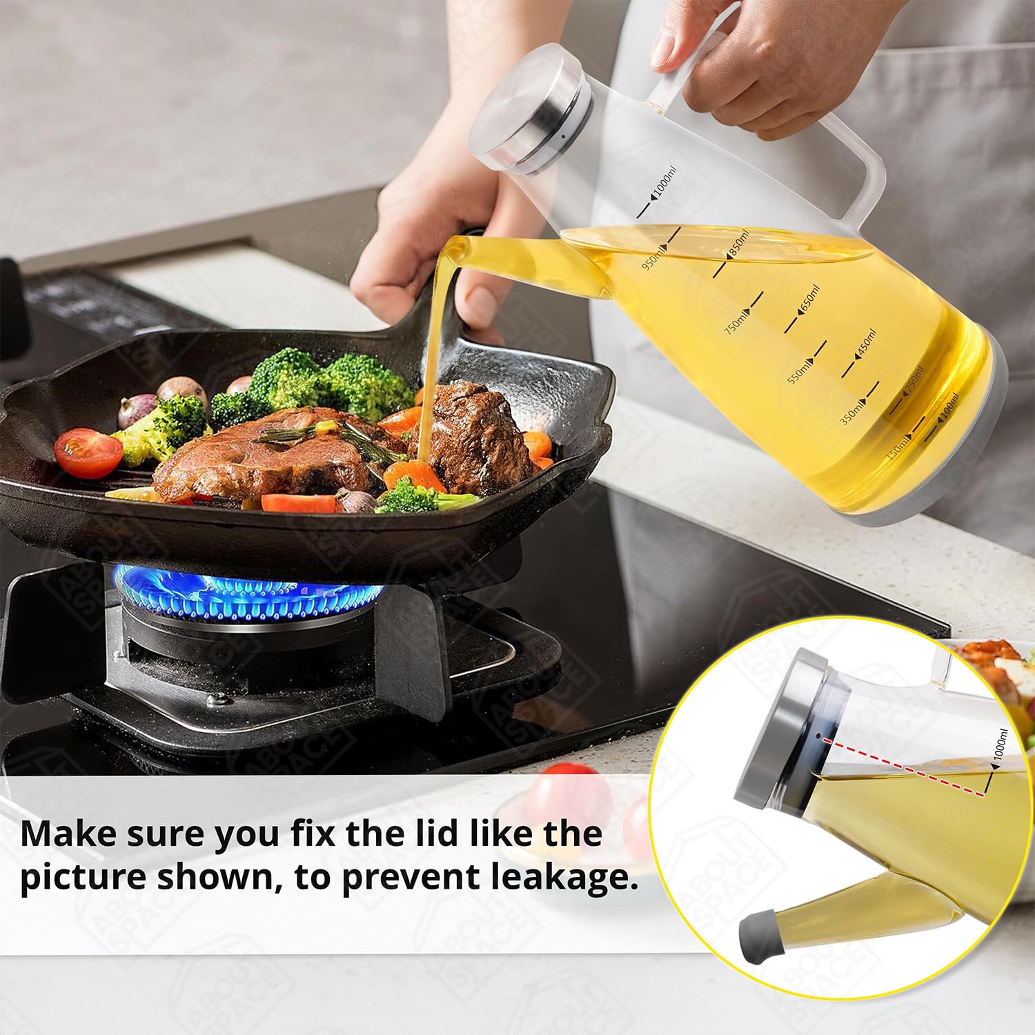 ABOUT SPACE Glass Oil Dispenser 1 Litre with Stainless Steel Cap, Silicone Base, Measurement, Drip-proof Hawk with Dust Cap, Leak-proof Oil Bottle for Kitchen, Upto 300°F Easy to Refill Oil Container - Image 5 thumbnail