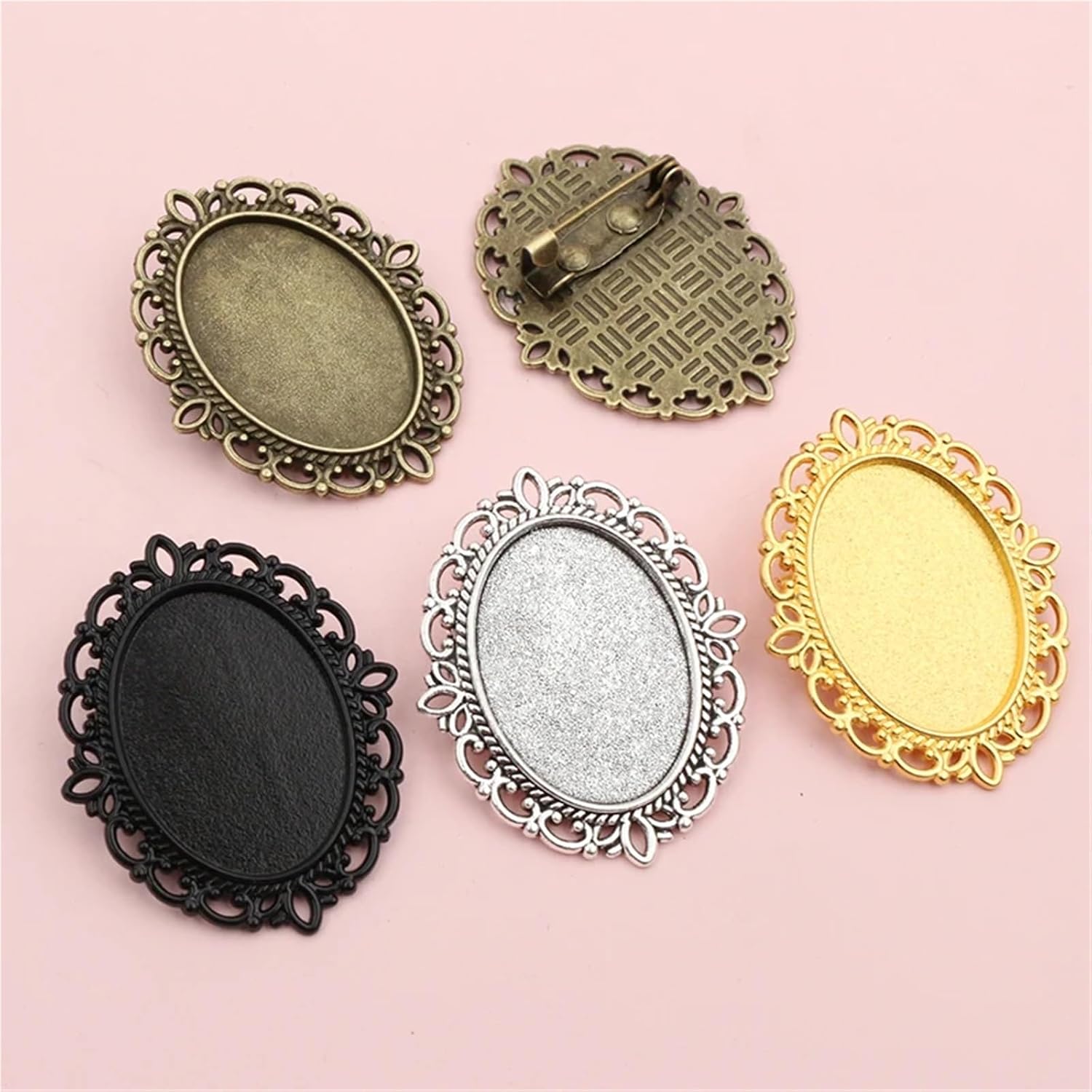 Cabochon Brooch 50pcs 18x25mm Inner Size Antique Silver Plated and Bronze Brooch Pin Classic Style Cameo Cabochon Base Setting Tray(Antique Silver)