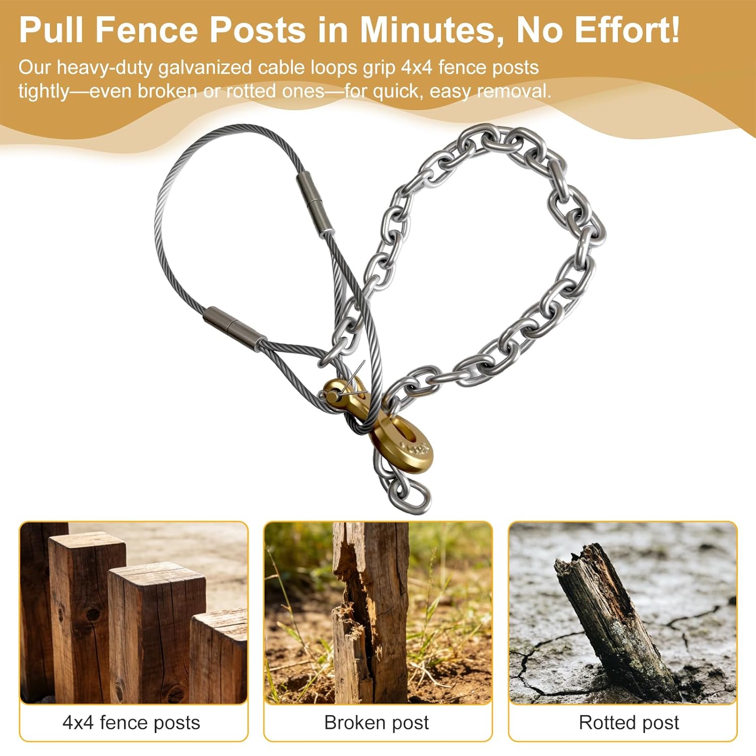 Heavy Duty Fence Post Puller with Galvanized Cable & Chain, 4x4 Fence Post Extraction Remover Tool, Farm Jack T Post Puller Fence Post Repair Accessories