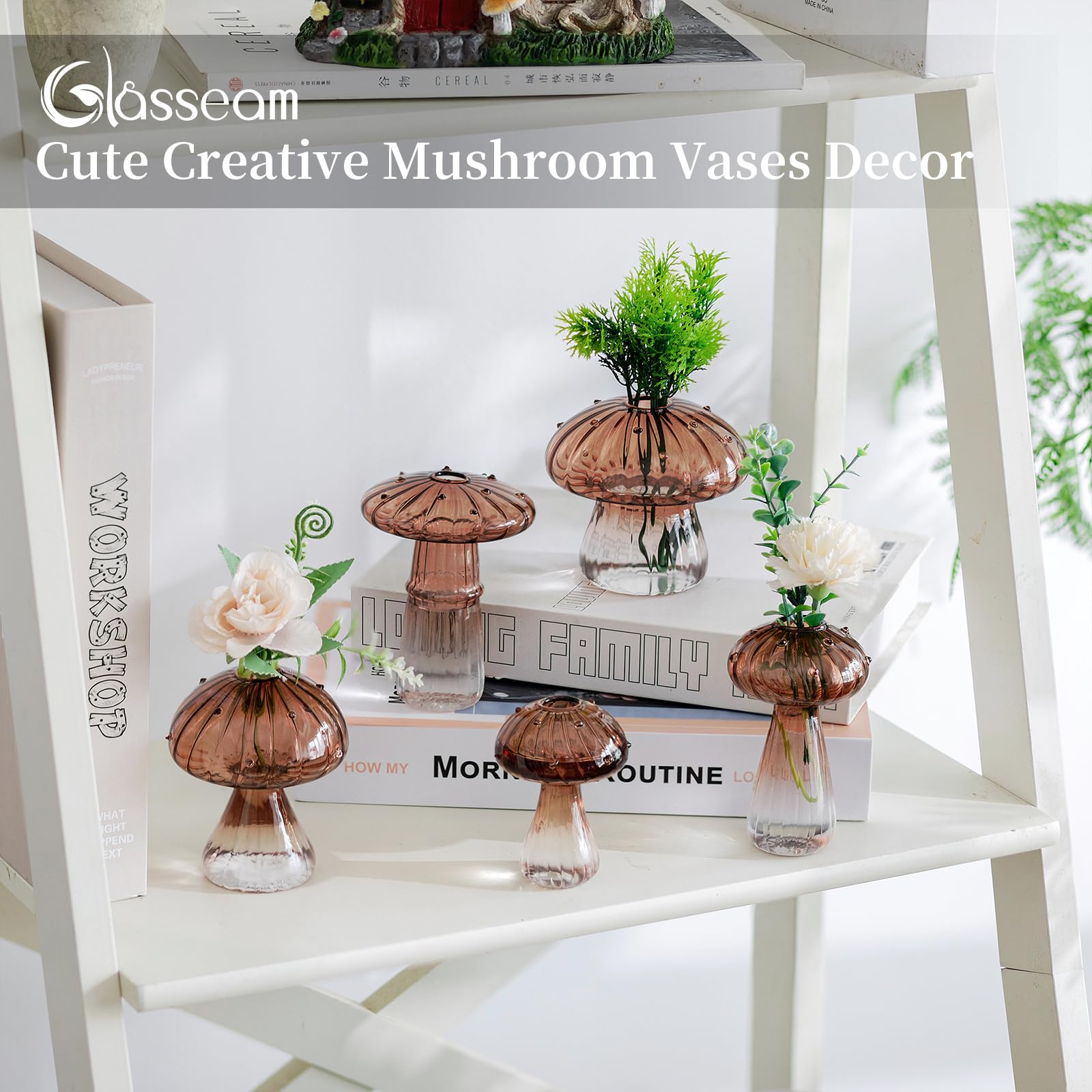 Glasseam Small Mushroom Vase for Decor: Cute Glass Vases for Flowers Plants Herb Bud Cuttings - Image 3