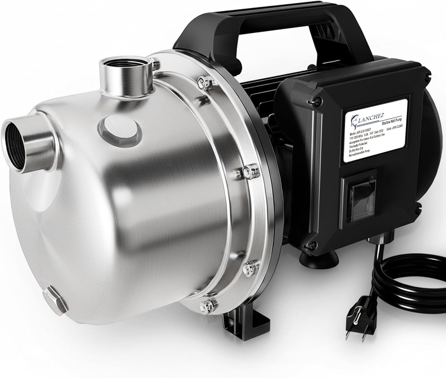 LANCHEZ Shallow Well Pump, Stainless Steel Water Transfer Pump, 115V Garden Irrigation Pump, Water Booster Jet Pump for Home Garden Lawn Farm, Silver