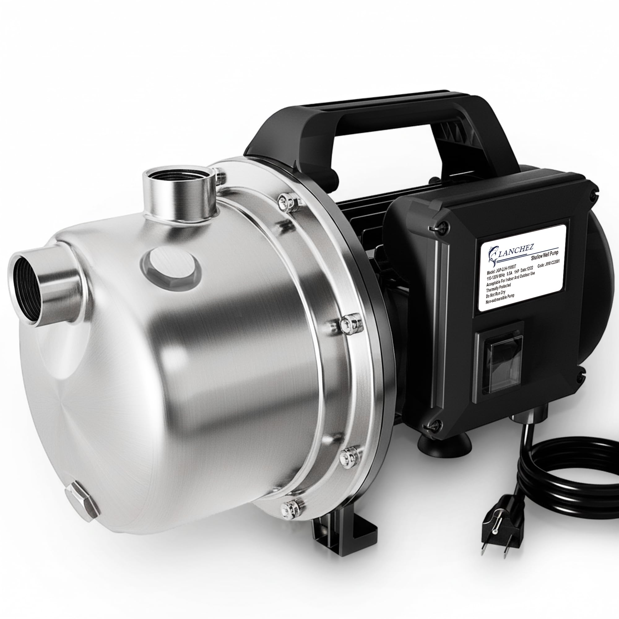 LANCHEZ 1 HP Portable Shallow Well Garden Pump, 1500 GPH Stainless Steel Sprinkler Pump, 115V Water Transfer Draining Irrigation for Lawn