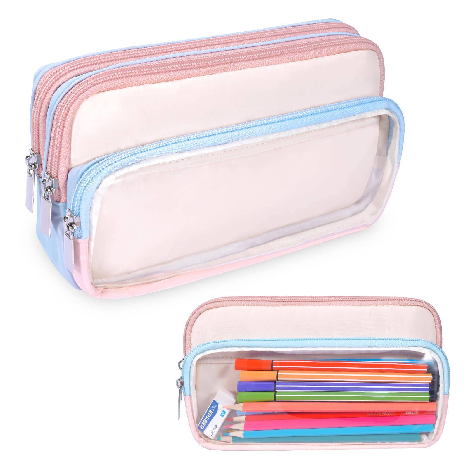 FINPAC Federmäppchen Mäppchen mit 3 Fächer, Große Kapazität Federtasche mit Transparenter Fäche Stiftetasche Schlamperbox Bleistifttasche Schulmäppchen Pencil Case für Schule Büro (Rosa/Blau)