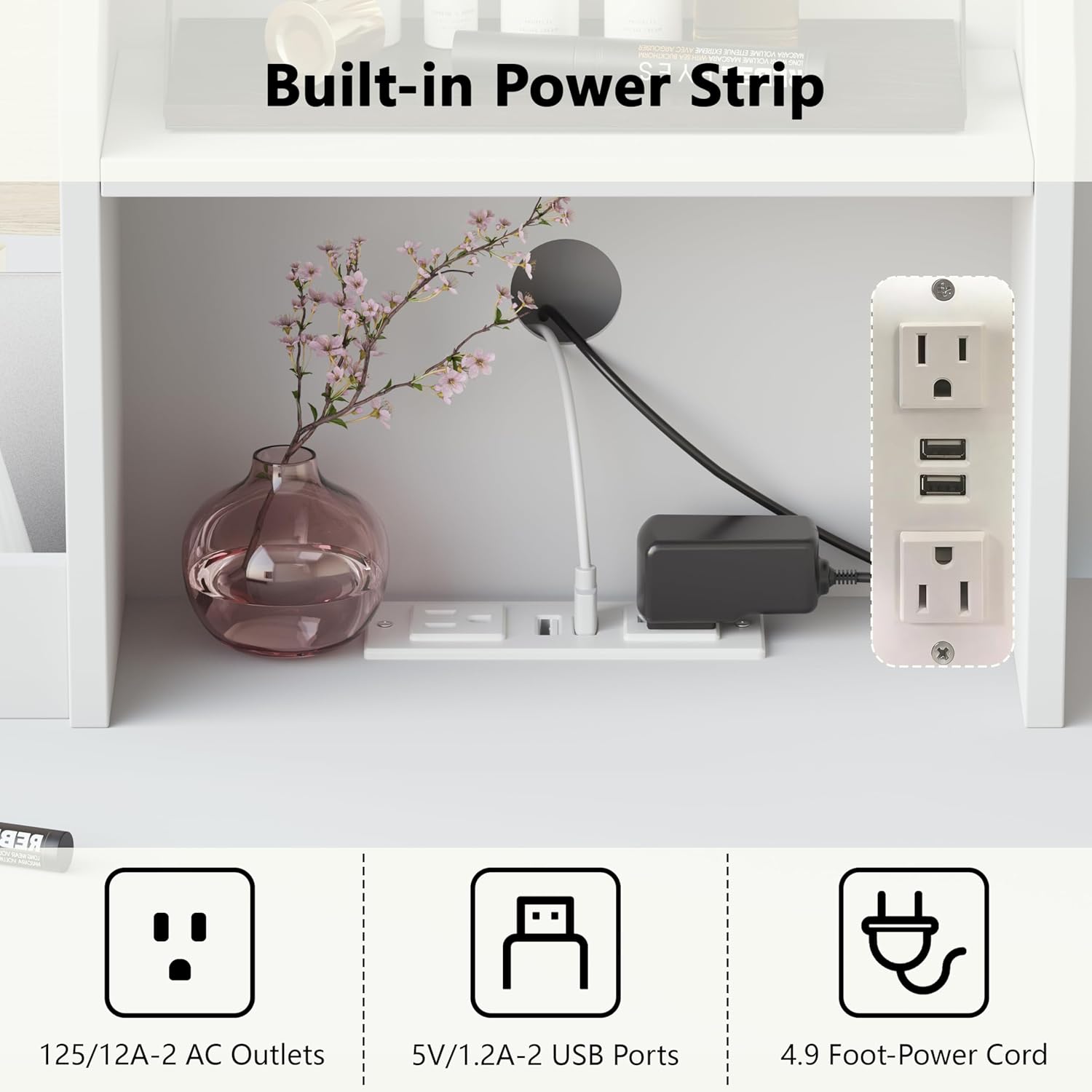 Vanity Desk with Mirror and Lights & Power Outlet, Makeup Vanity Set with Chair & RGB Ambient Light, Girls Vanity Dressing Table with 3 Lighting Modes & Adjustable Brightness for Bedroom, White