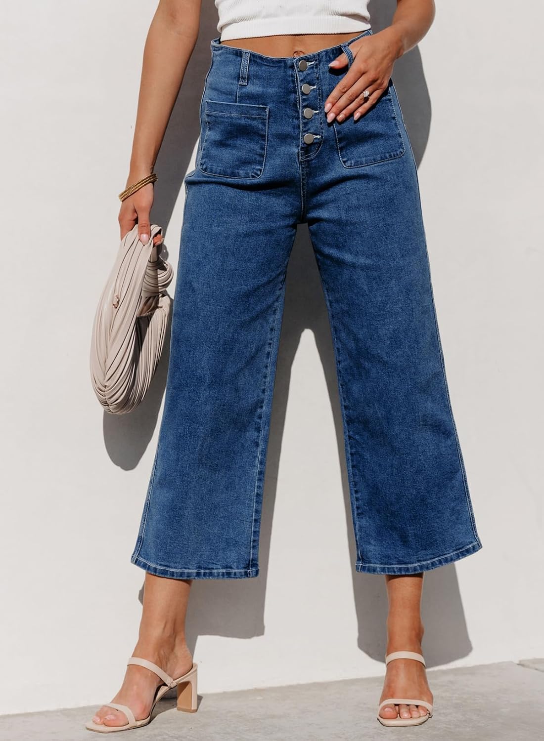 Sidefeel Women's Wide Leg Jeans High Waisted Stretchy Straight Leg Jeans Buttoned Loose Denim Pants with Pocket Sail Blue Size 8 Long - Image 7