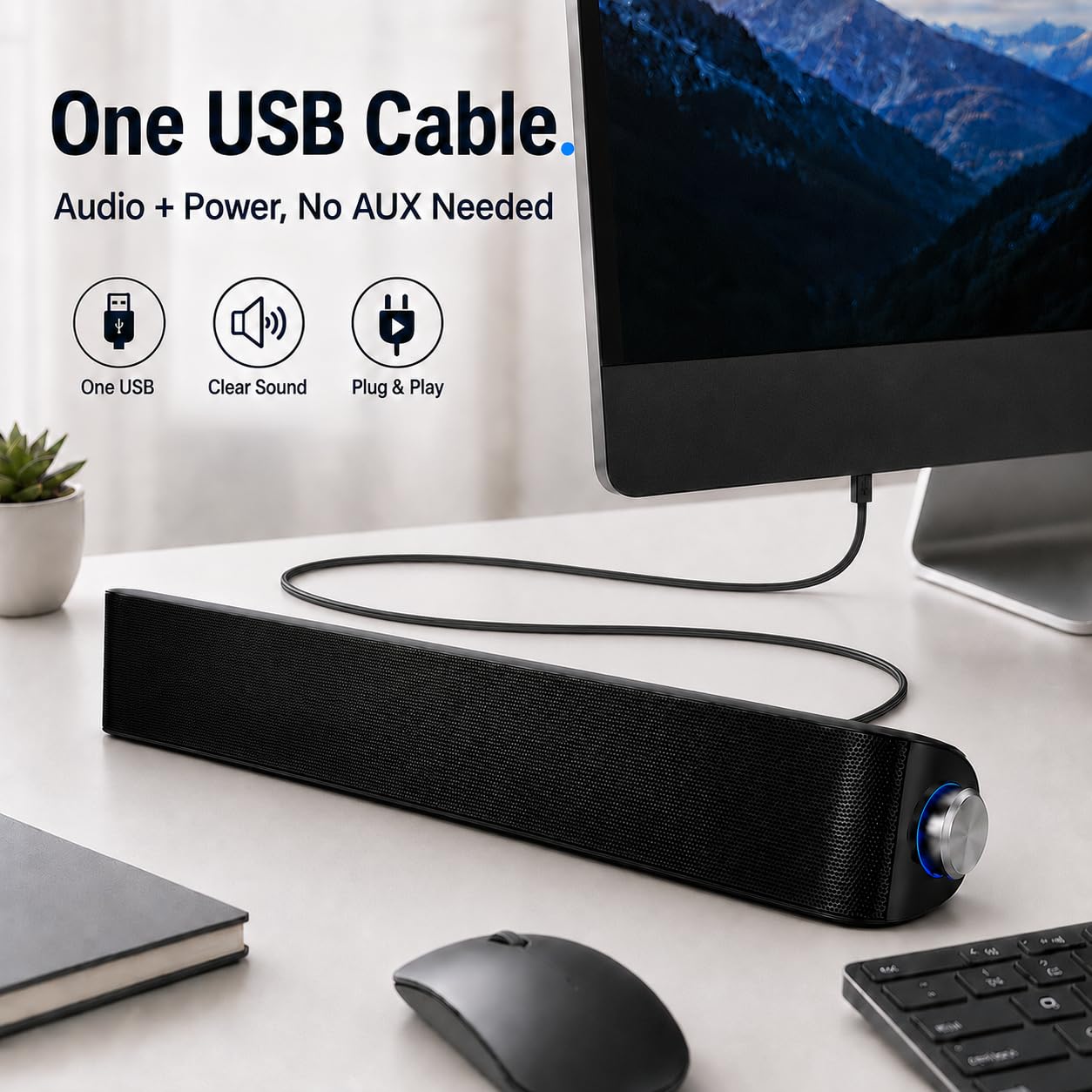memzuoix Soundbar per Computer Alimentata via USB con Bluetooth 5.3, Altoparlante Desktop Compatto per PC e Laptop, Potenza 6 W, Manopola del Volume Facile, Senza Batteria Integrata