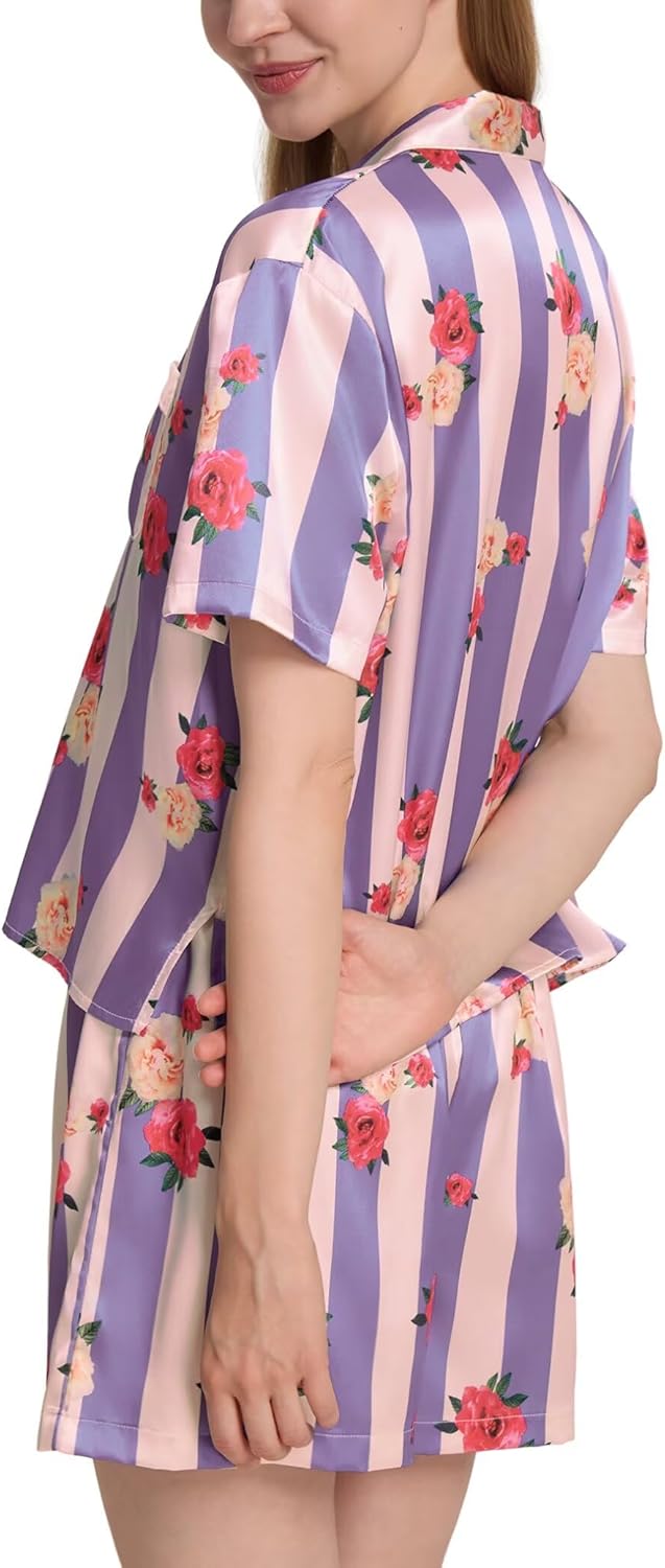 Womens Silk Pajama Sets Floral Print Short Sleeve Satin Pjs Comfy Button Down 2 Piece Sleepwear Loungewear - Image 6