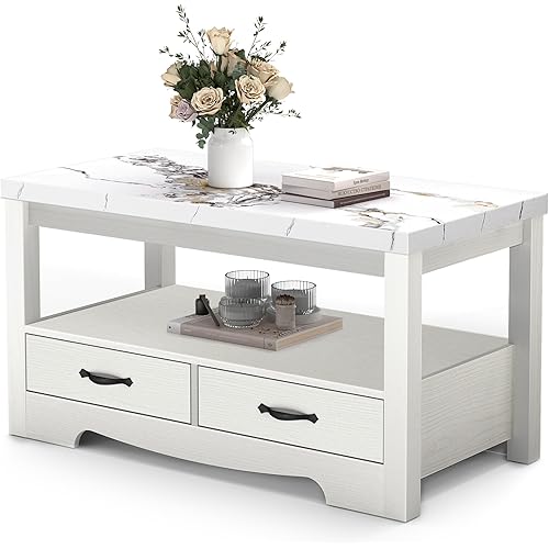 Coffee Table 40" Marble and White Oak 2-Tier Rectangle Thickened Wooden Center Table for Living Room with Storage Drawers, Small Space Easy Assembly Home Furniture (Storage White Oak)