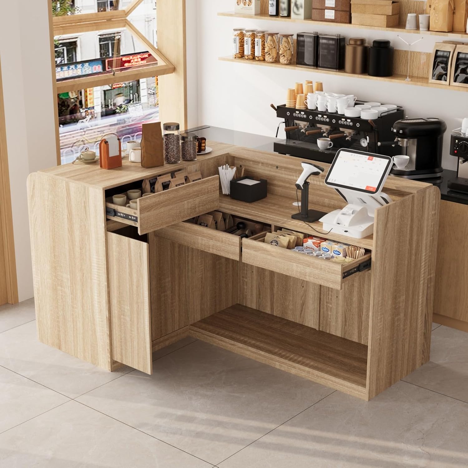 FAMAPY 70.9" L-Shape Reception Desk with Open Display Shelving, 2 Drawers & Cabinets, Modern Reception Counter for Shop Oak 70.9”W x 47.2”D x 39.4”H