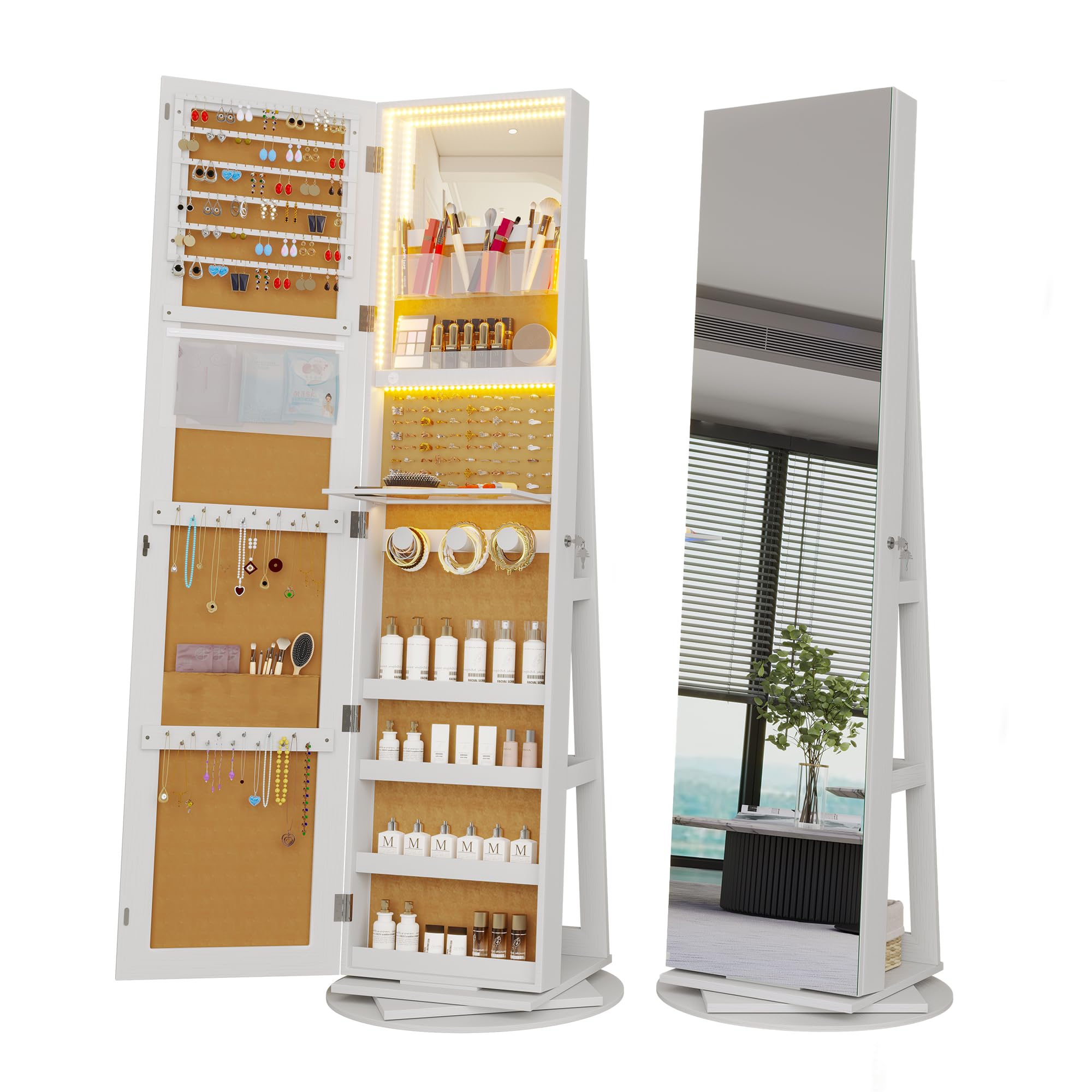 LVSOMT LVSOMT Espejo joyero de pie giro de 360°, LED Armario joyero con espejo cuerpo entero, Espejo armario joyero con cerradura, Armario para Joyas con Espejo de maquillaje para dormitorio, Blanco+Amarillo