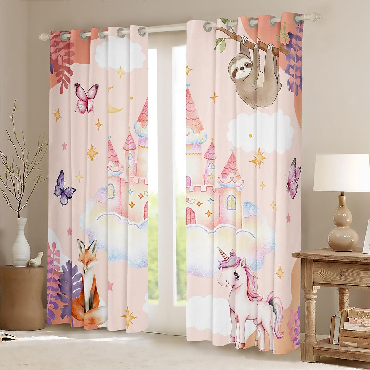 Homemissing Pink Castle - Cortinas opacas con diseño de princesa, arcoíris, para dormitorio, sala de estar, decoración de hadas con aislamiento térmico, 2 paneles, 66 x 90 pulgadas