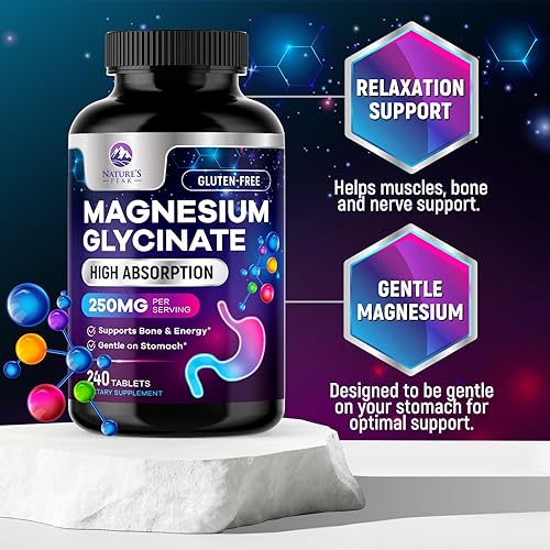 Miniatura 5 de Suplemento de glicinato de magnesio 250 mg - 100% quelado y purificado - para apoyar el sueño, la salud cardíaca, los músculos y la fuerza ósea -