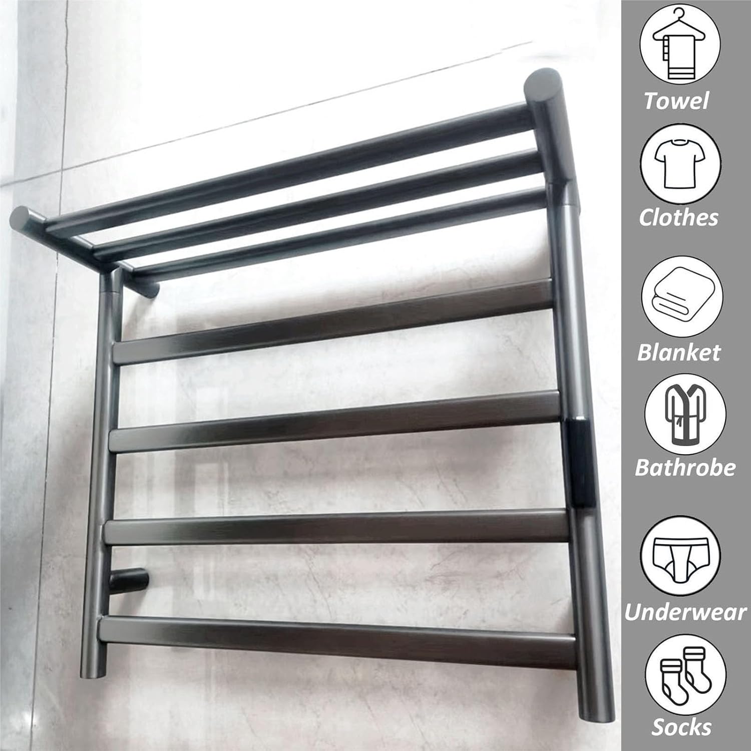 Towel Warmer Black,Hard Wired,Electric Towel Rack with Top Shelf,Hot Stainless Steel,Wall Mounted Heated Drying Constant Temperature-Black-Right Line(A Gray,Hard Wired)