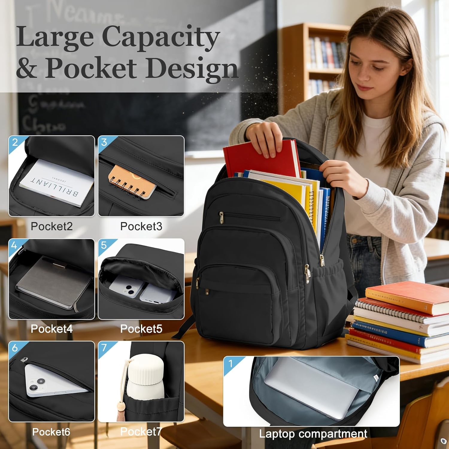 Black College Backpack For Women Men,Lightweight High School Bag,School Backpack With Lots Of Pockets,Cute Bookbag For Teens Boys Girls,Casual Daypack Backpack For School