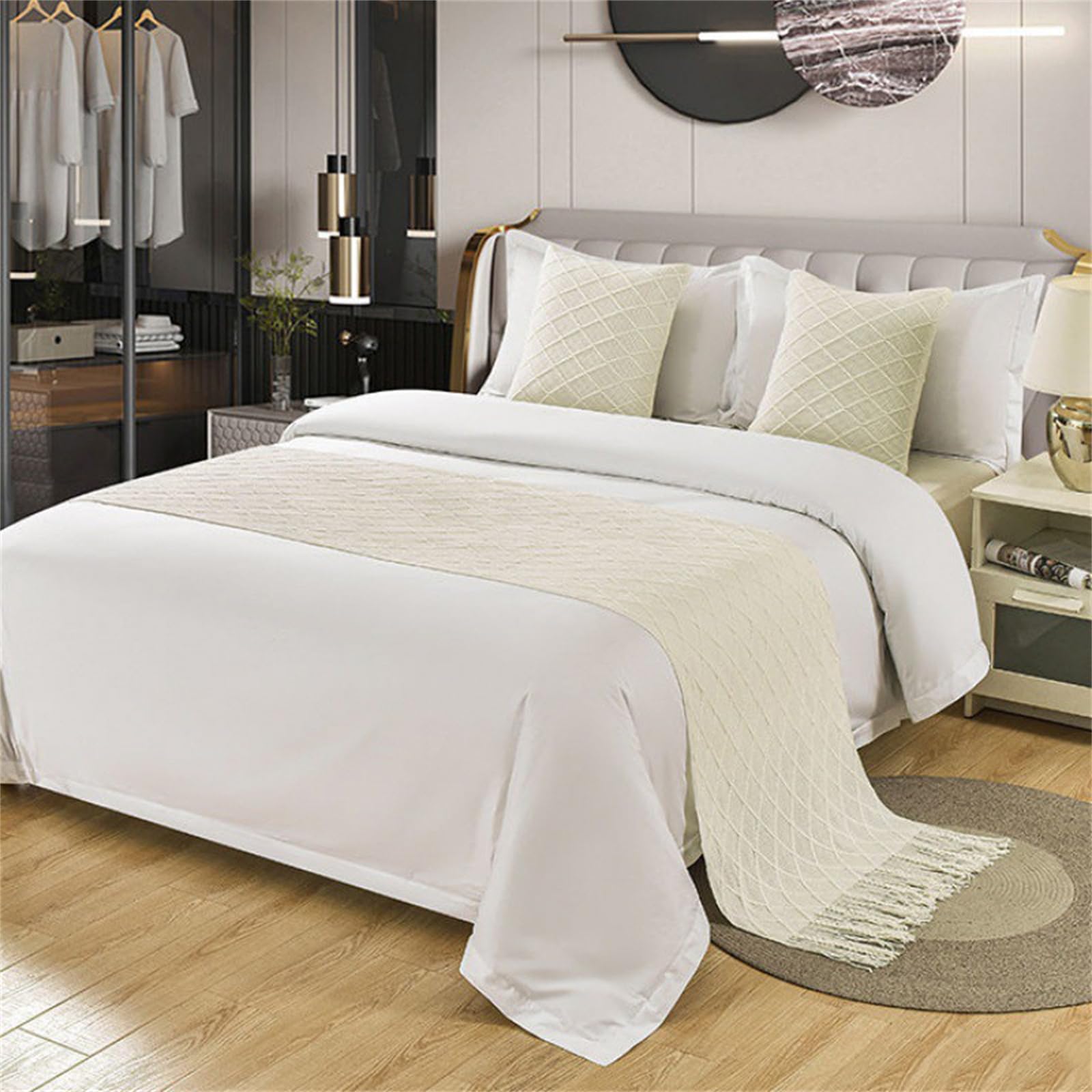 Morbuy Bettläufer mit Kissen, 2024 Bettschal für den Fuß des Bettes Weicher Bettlaufer Schlafzimmer für Gästehaus Hotel Schlafzimme Dekorativer (Weiß,60x230+45cm)
