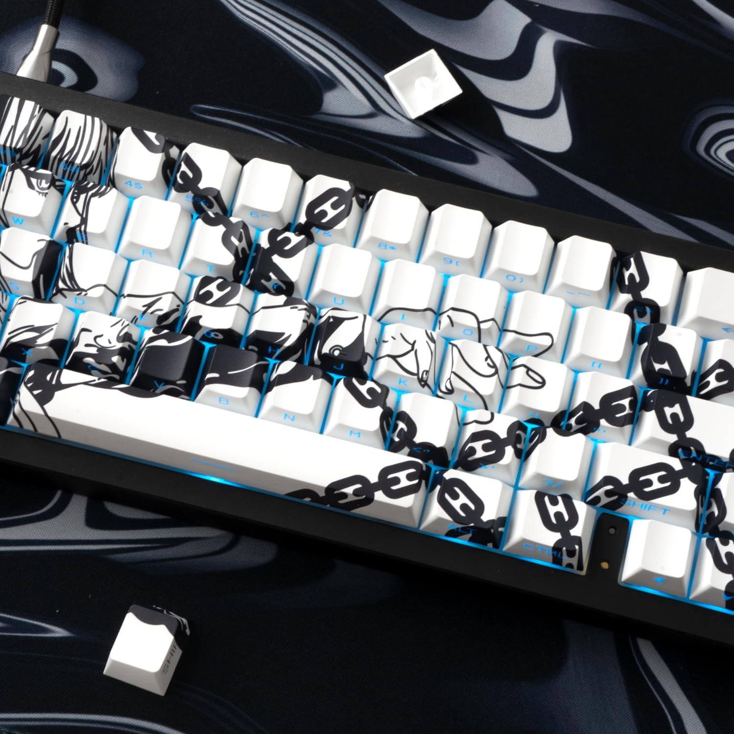 PBT Material Cherry Profile Japanese White Chains Custom Shine Through Backlit Keycaps 75 Percent,131Key Shine-Through Side-Engraved Custom Keycaps Set for Mechanical Keyboard