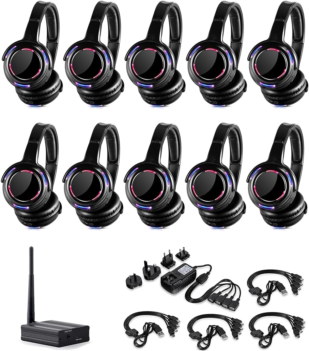 Professional Silent Disco LED Wireless Headphones and RF LED Silent Disco Earphones for iPod MP3 DJ Music Pary Club (10 Headphone + 1 Transmitter)