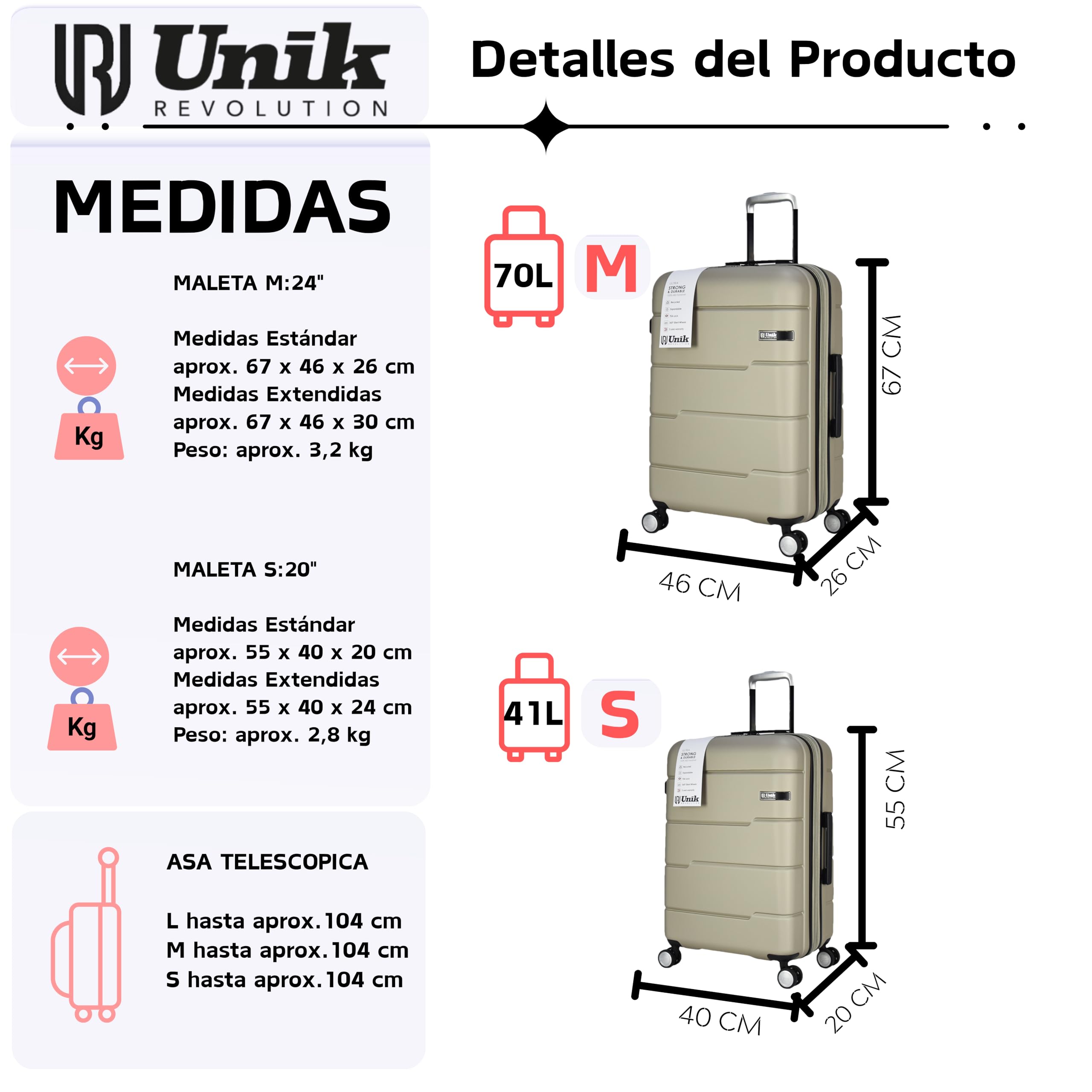 Set di valigie da 2 pezzi da 20/24", Solo Cabina da 20", 55 x 40 x 20 cm, Bagaglio registrato da 24" = 70 L, guscio rigido e lucchetto TSA (Tortora, Set Valigie (2 Pezzi))