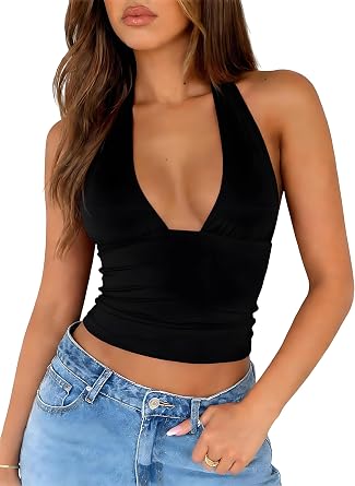 ForeFair Womens Sexy Halter Neck Backless Tank Top Deep V Neck Sleeveless Open Back Y2K Slim Fit Summer Crop Tops