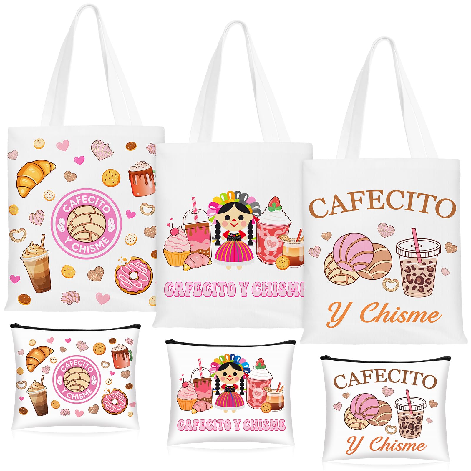 6 Pcs Funny Cafecito Y Chisme Gifts Mexican Concha Coffee Tote Bags and Makeup Bags Set Mexican Latina Coffee Theme Gift for Mother's Day Women