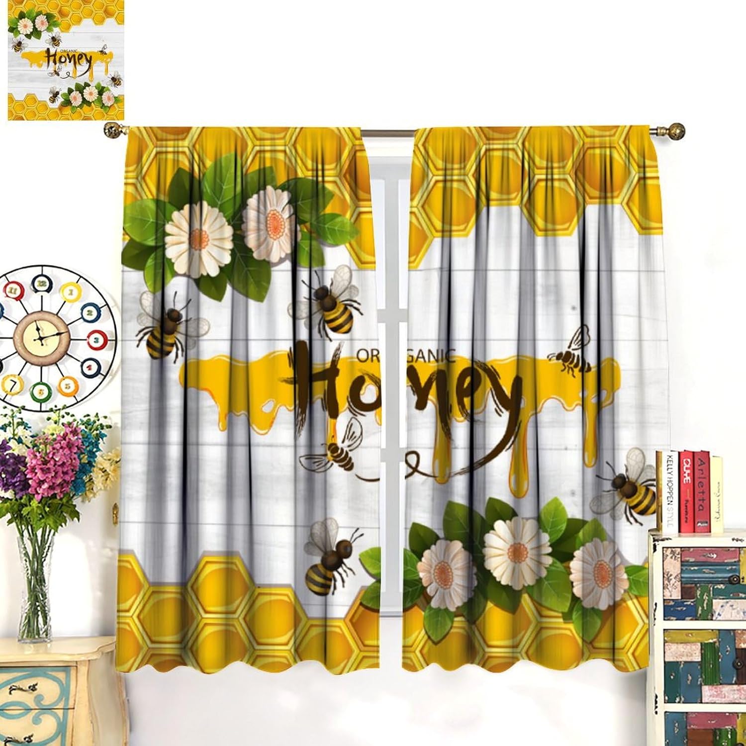 Retro Rustic Flying Bee Curtains,Vintage Flower Honey Pattern Blackout Rod Pocket Window Treatments for Women Kids Girls Bedroom Kitchen Living Restaurant Cafe Drapes Decoration 42" W X 45" L