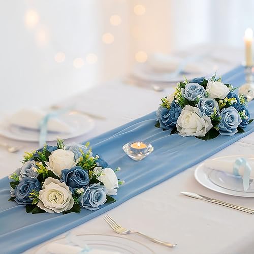 Miniatura 2 de BLOSMON Centros de mesa de bola de flores para mesa, 2 piezas, centro de mesa de rosas falsas, flores azul polvoriento, arreglo floral de seda