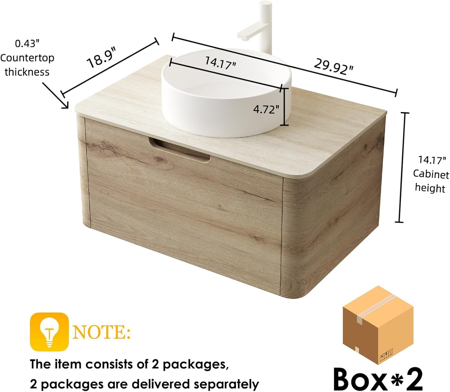 Ambrovina 30" Floating Bathroom Vanity with Sink, Modern Plywood Storage Cabinet with Soft Closing Drawer, Round Ceramic Basin, Stone Pattern Sintered Stone Top, Pre-Assembled Vanities, White Oak