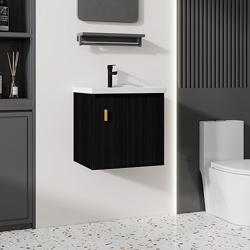 Tocador de baño de 20 pulgadas con lavabo de cerámica, tocador de baño pequeño montado en la pared con puerta de cierre suave, gabinete flotante