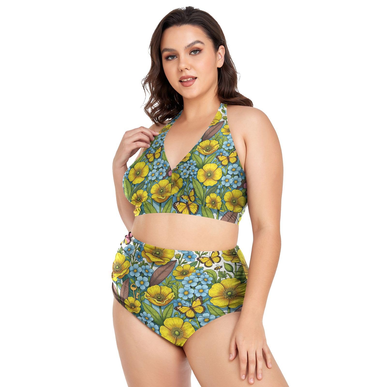 FRODOTGV Costumi da bagno donna taglie forti L-4XL | 92% poliestere 8% spandex tessuto elastico spallacci regolabili per viaggi tropicali e attività acquatiche fiore giallo
