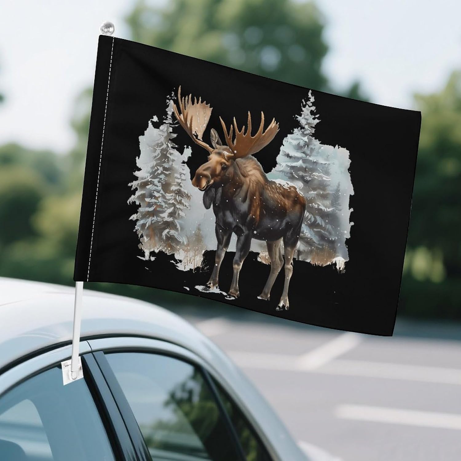 Moose Snows Winter Car Flag Polyester Clip Flags Mini Handheld Banners for Auto Outside Travel Decor image 4