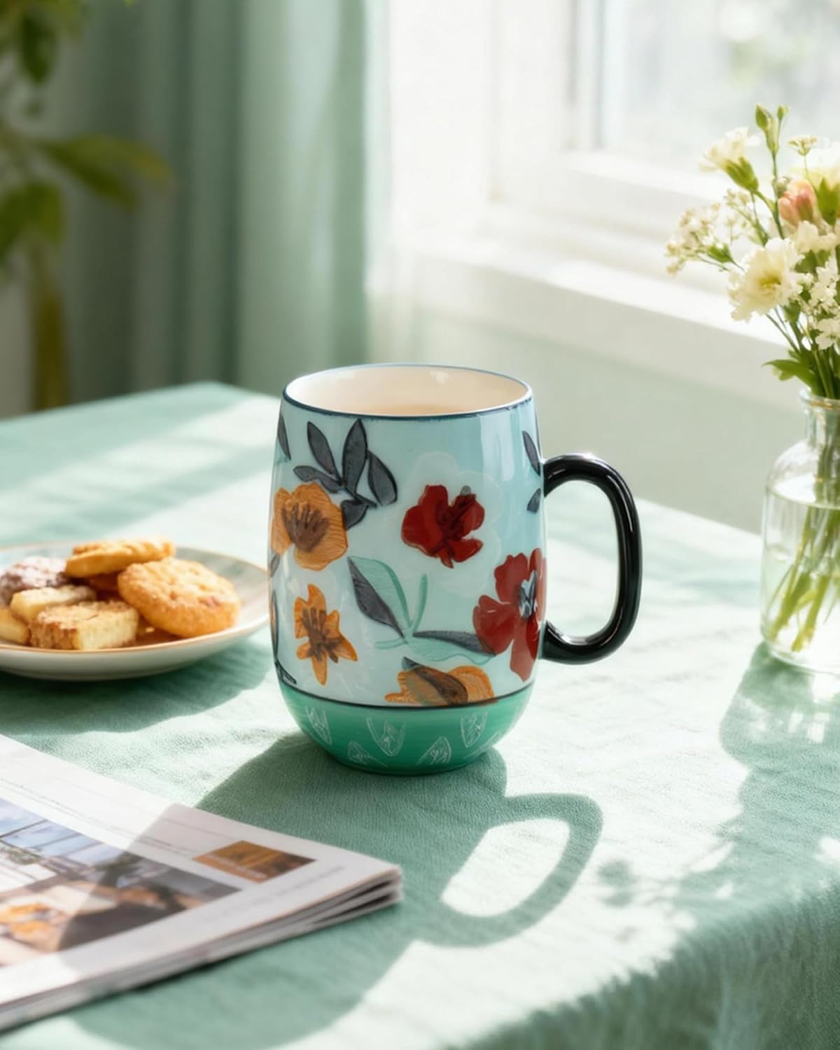Large 24oz Ceramic Coffee Mug with Handle for Coffee or Tea, Hand-Painted Floral Pottery Mug for Women, Durable Microwave & Dishwasher Safe, Christmas Gift for Family, Holiday & Fall Decor