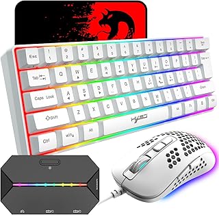 60% Wired Compact Gaming Keyboard 61 Keys 11 RGB Backlight Full Keys Anti-ghosting + Wired Lightweight Gaming Mouse 2400DPI Honeycomb Optical Mouse + Converter Adapter for PS4/Xbox Gamers (White)