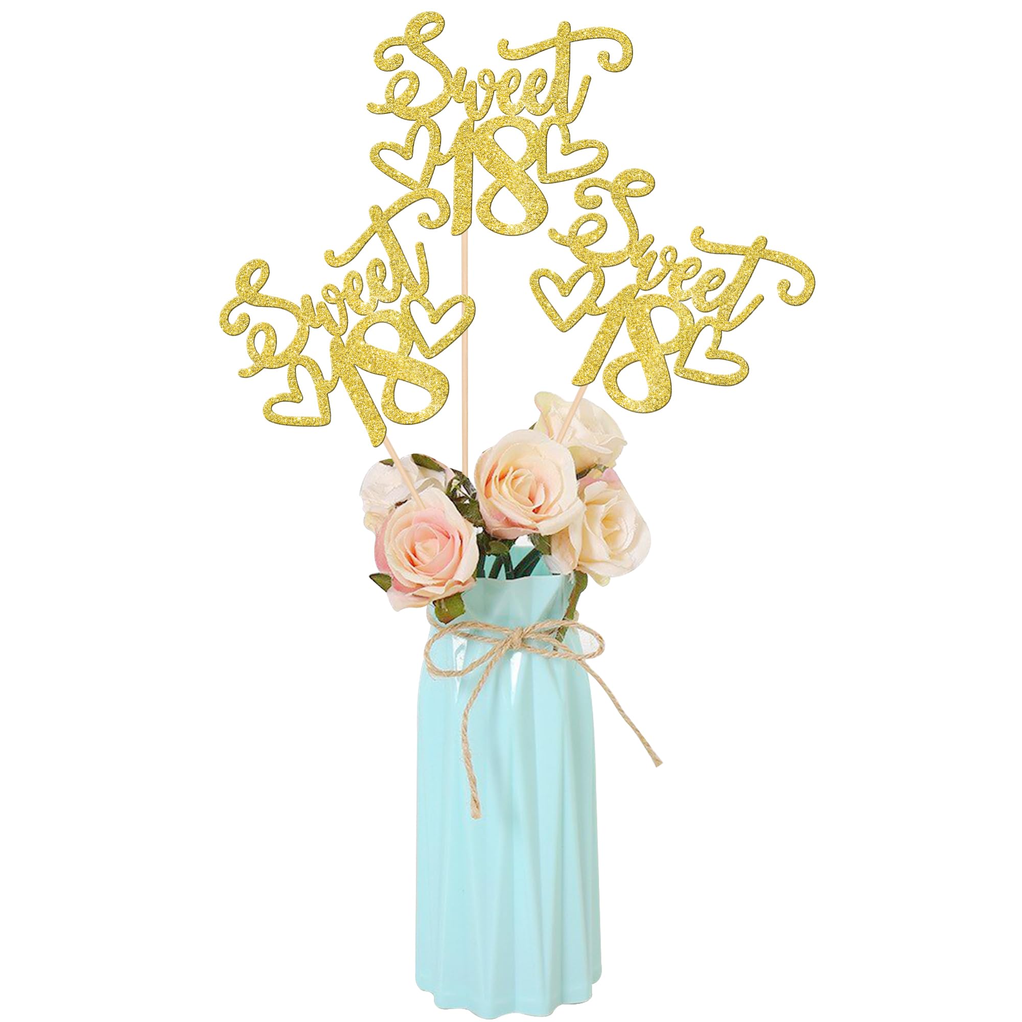 12 PCS Sweet 18 Centerpiece Sticks Double Sided Glitter Happy 18th Birthday Cake Toppers Number 18 Centerpieces for Tables Flower Topper Decorations