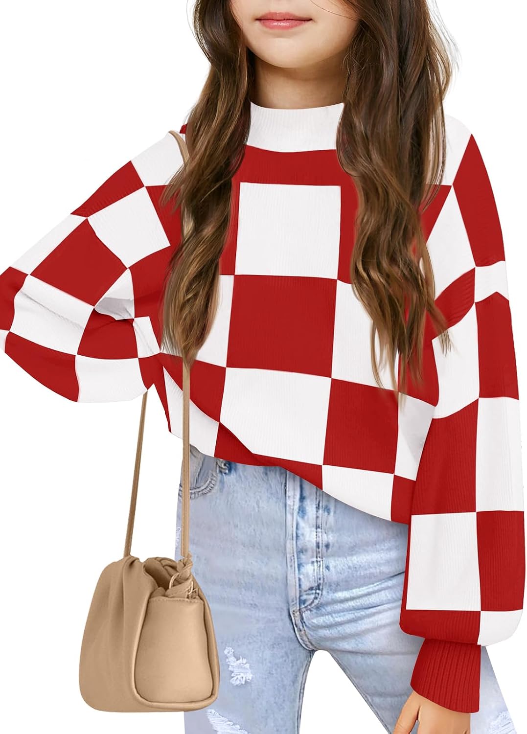 Girls Sweaters Kids Fashion Plaid Mock Neck Pullover Sweater Tops 5-14 Years