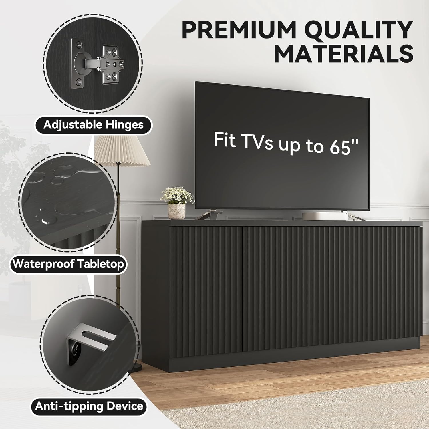 63" Fluted Buffet Cabinet Sideboard with Storage,Large Credenza with 4 Doors with Adjustable Shelves,Wood Mid Century Modern Sideboard for Kitchen, Living Room,Entryway(Black)