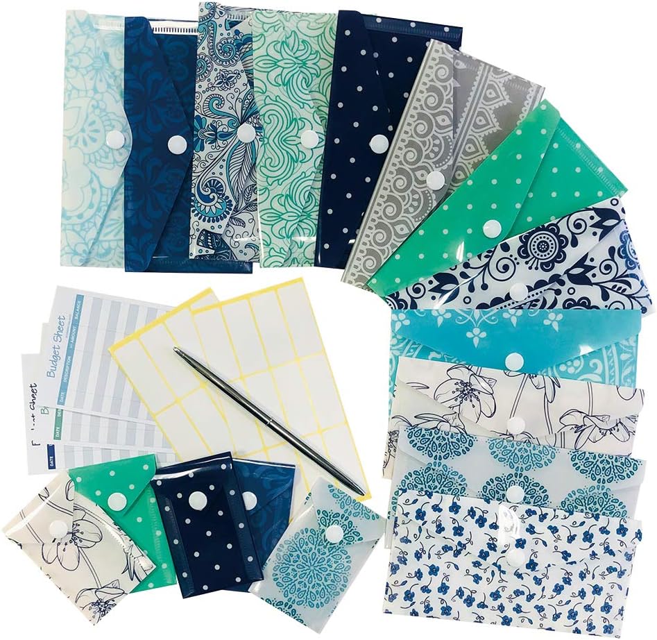 Cash Budgeting System | 12 Reusable Cash Envelopes and Coin Envelopes with Snap Button. Includes 12 Budget Tracking Sheets and Bonus Pen | Water Resistant Envelopes | Great Gift for 2020 Planning!